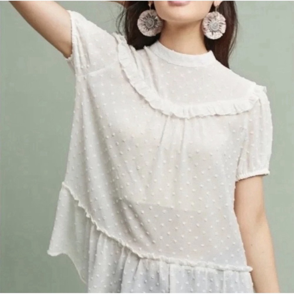 NWT Anthropologie Ro & De Textured Cream Sheer Peplum Tunic Top Sz Small